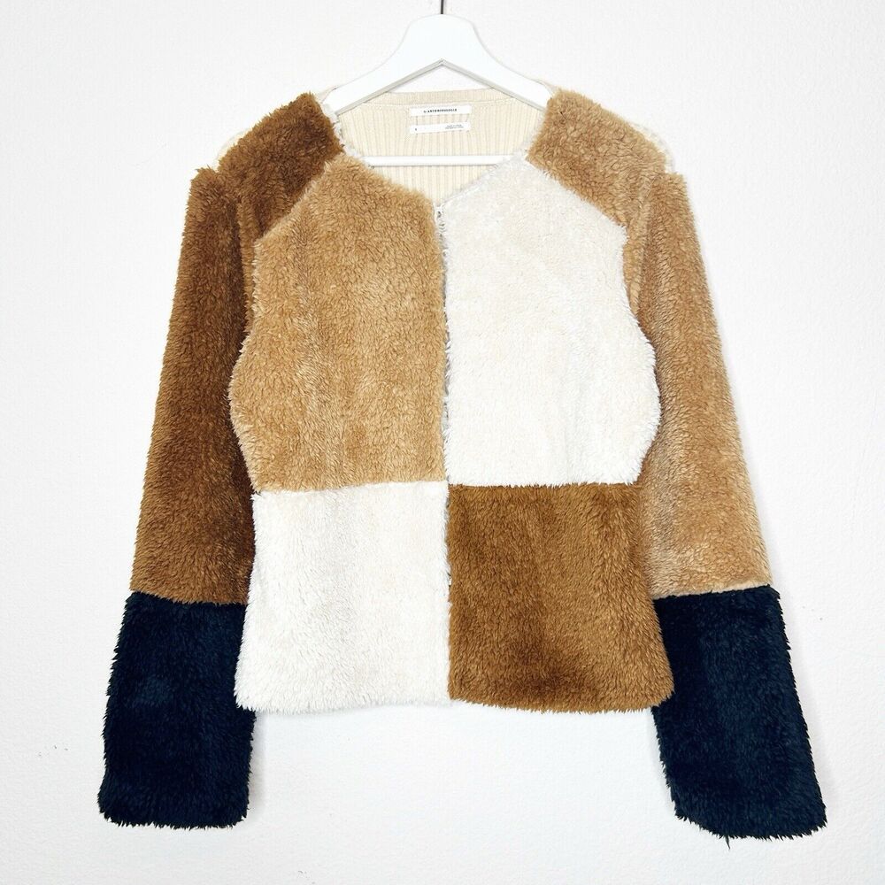 Anthropologie Furry Teddy Cream Colorblocked Cardigan Sweater S
